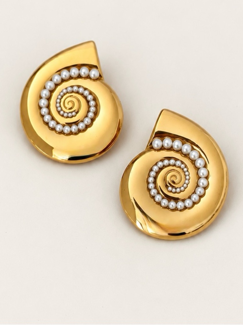 Anthropologie Style Gold Pearl Spiral Shell Earrings Stainless Steel Statement